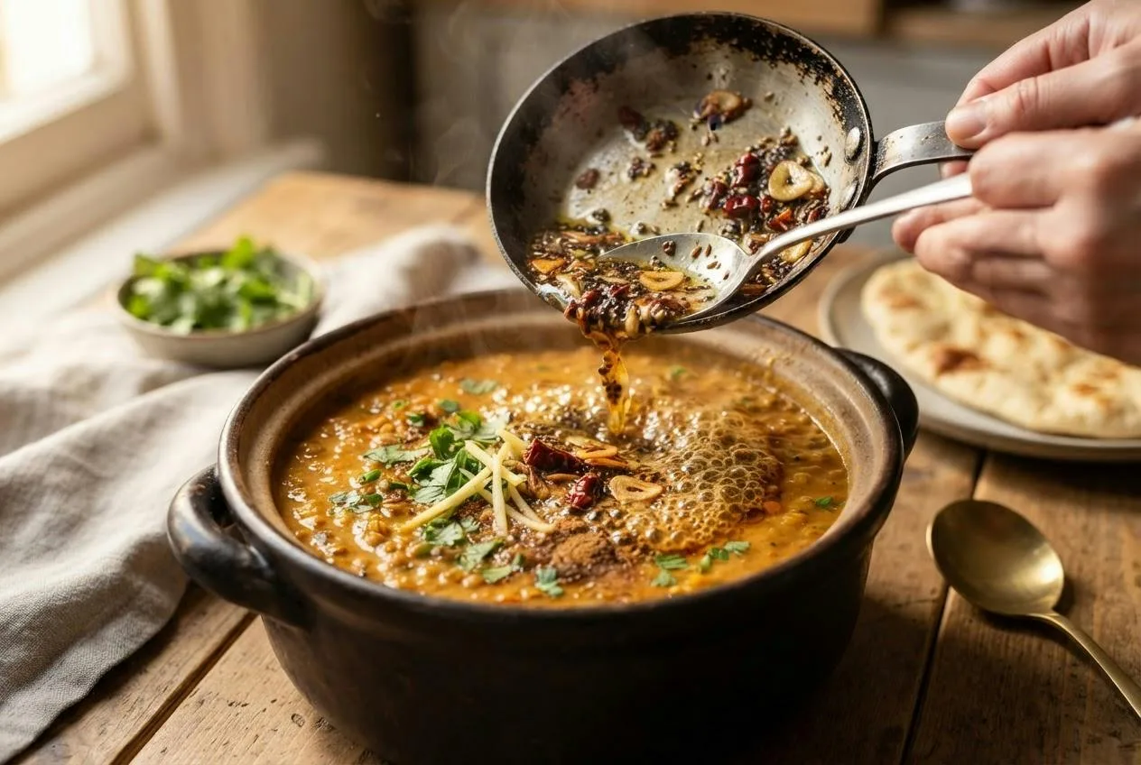 Tarka met komijnzaad en mosterdzaad wordt over de dahl geschept