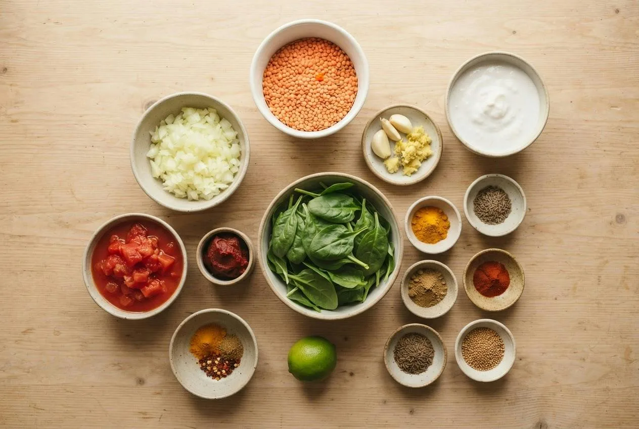 Ingrediënten voor rode-linzendahl in schaaltjes: rode linzen, kokosmelk, ui, knoflook, gember, tomaat, spinazie, limoen en specerijen