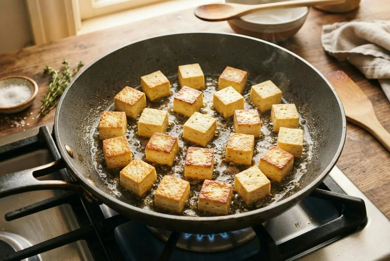 Tofublokjes met veel ruimte ertussen in een grote antiaanbakpan, elk blokje met een goudbruine kant