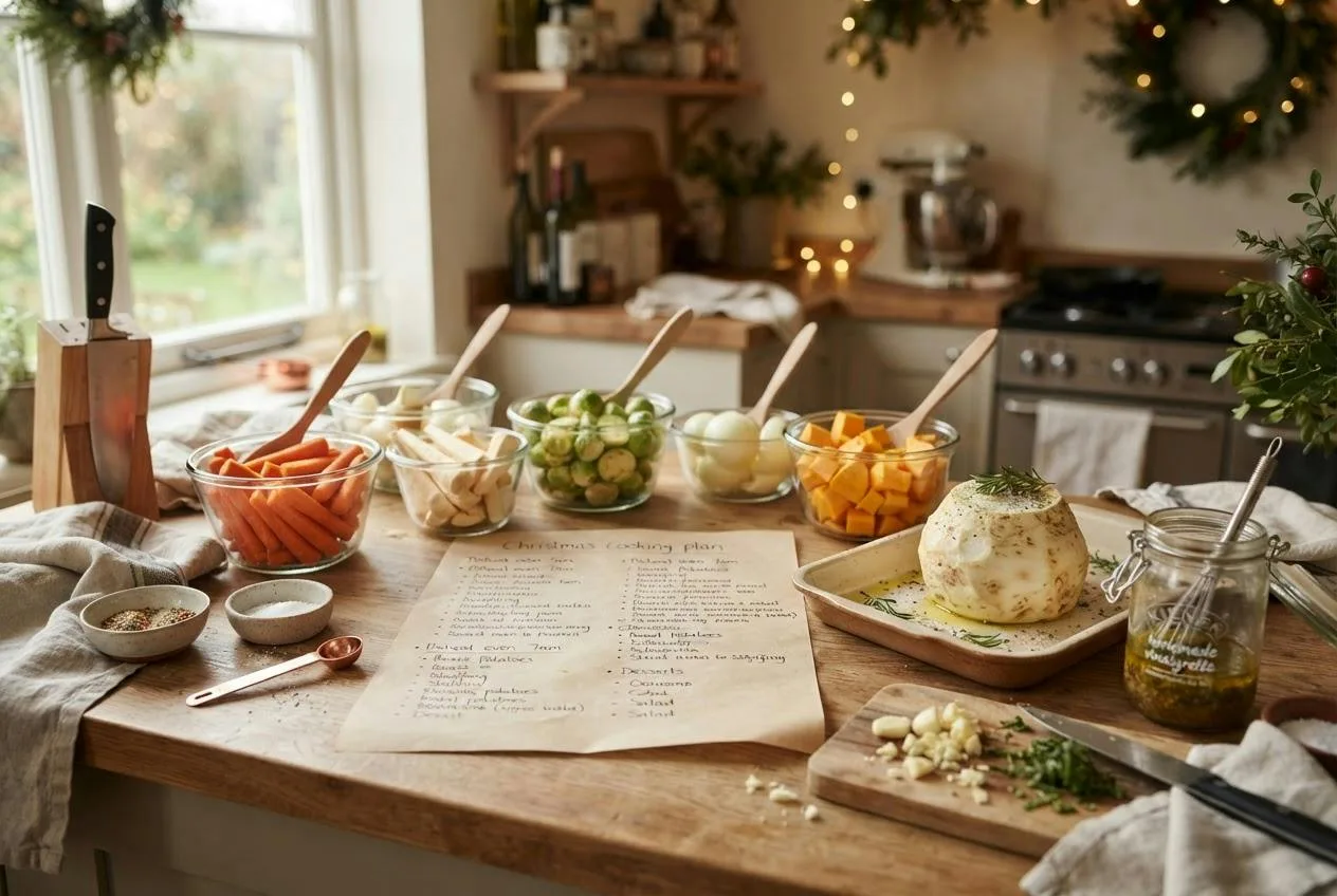 Aanrecht met een kookplanning, bakjes met gesneden groenten, een pot dressing en een geschilde knolselderij