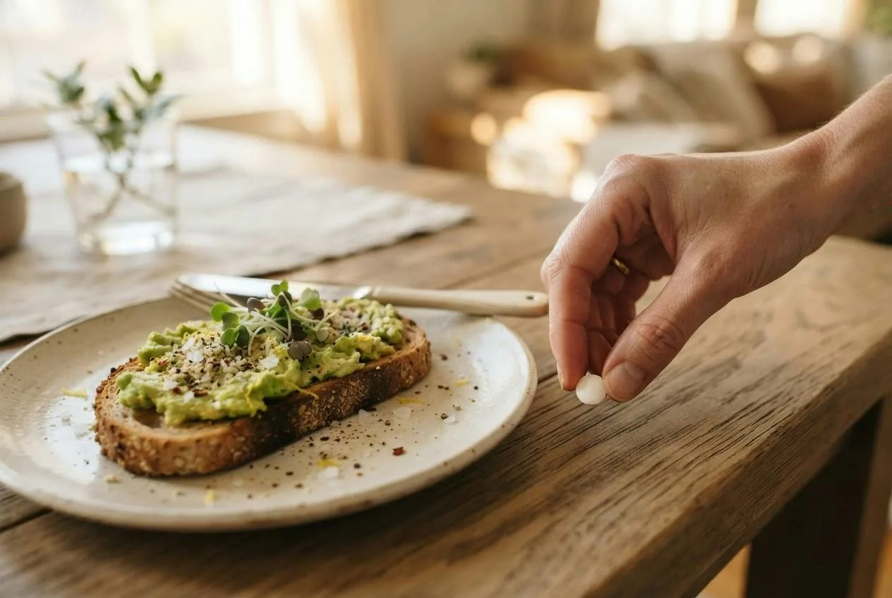 Hand legt een klein wit tablet naast een bord met volkoren toast en avocado