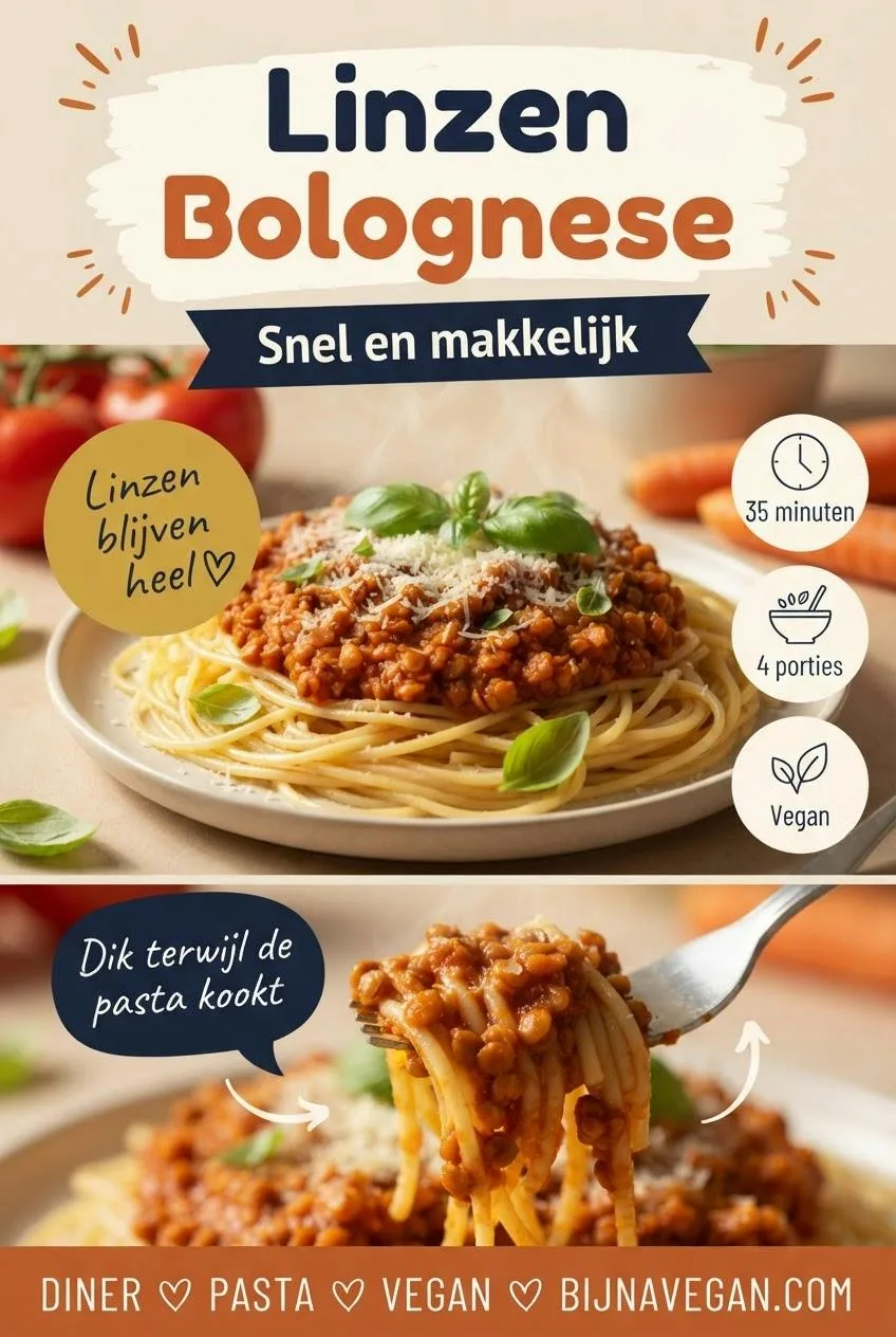 Pinterest-pin voor snelle vegan linzenbolognese, met een bord spaghetti, badges voor 35 minuten, 4 porties en vegan, en een close-up van saus aan de vork