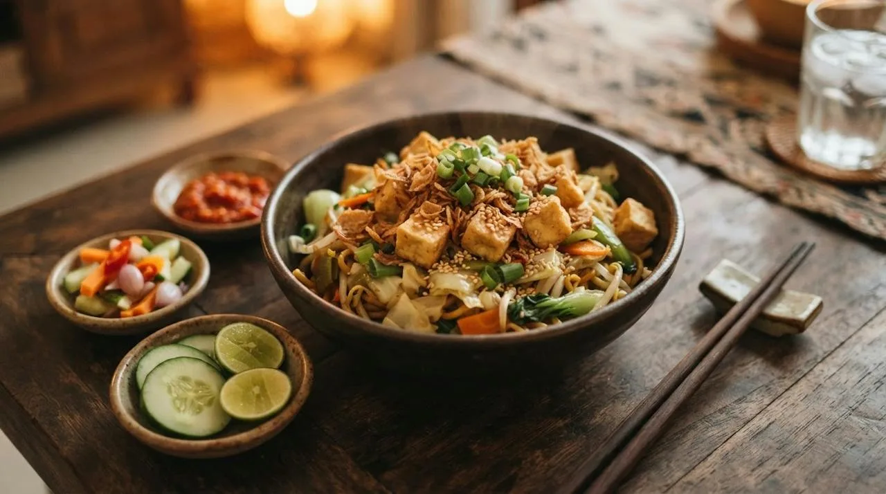 Kom vegan bami goreng met krokante tofu, gebakken uitjes en lente-ui, met schaaltjes sambal, atjar, komkommer en limoen