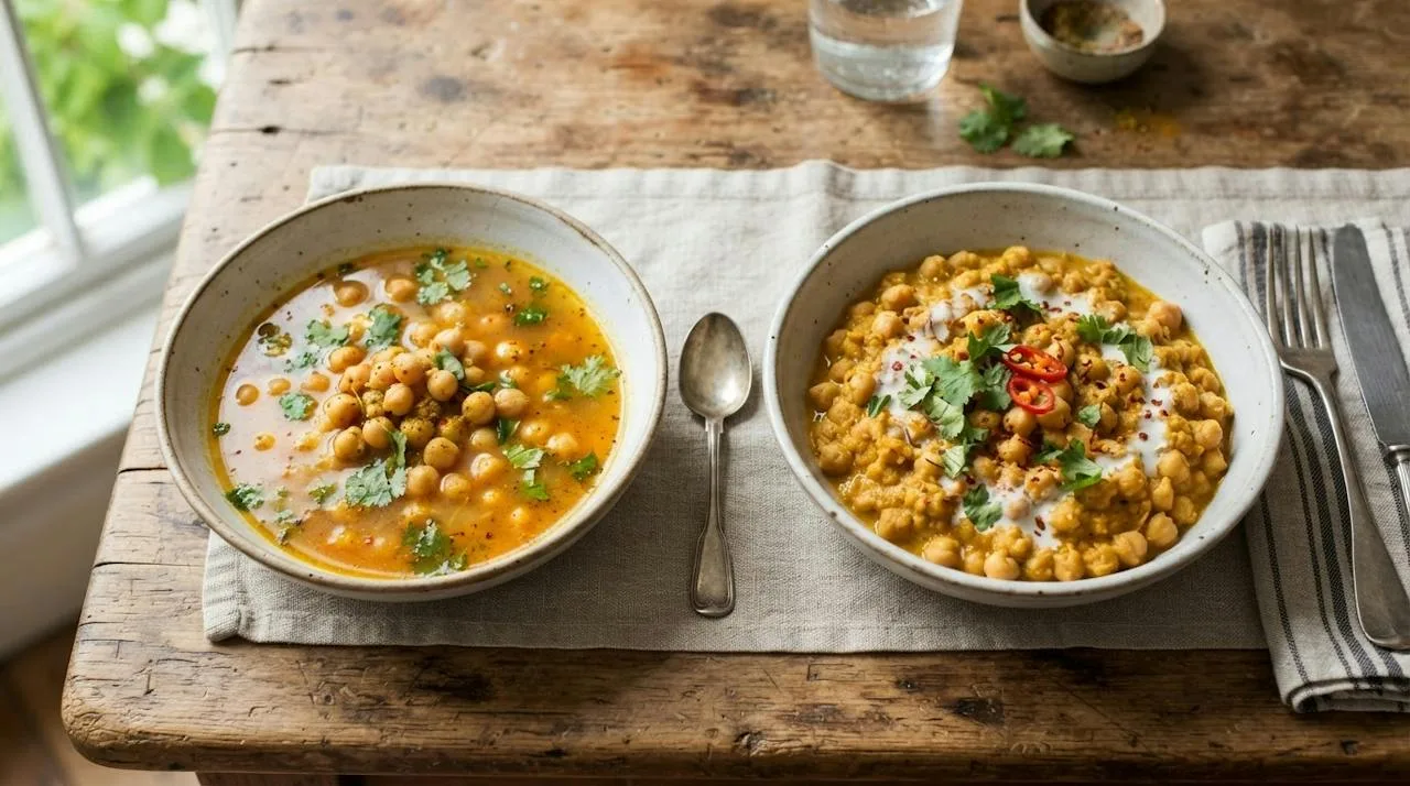 Twee kommen kikkererwtencurry naast elkaar: links dun en waterig met hele kikkererwten in oranje vocht, rechts dik en romig waarbij de saus aan de kikkererwten blijft hangen en fijngeprakte kikkererwten zichtbaar zijn