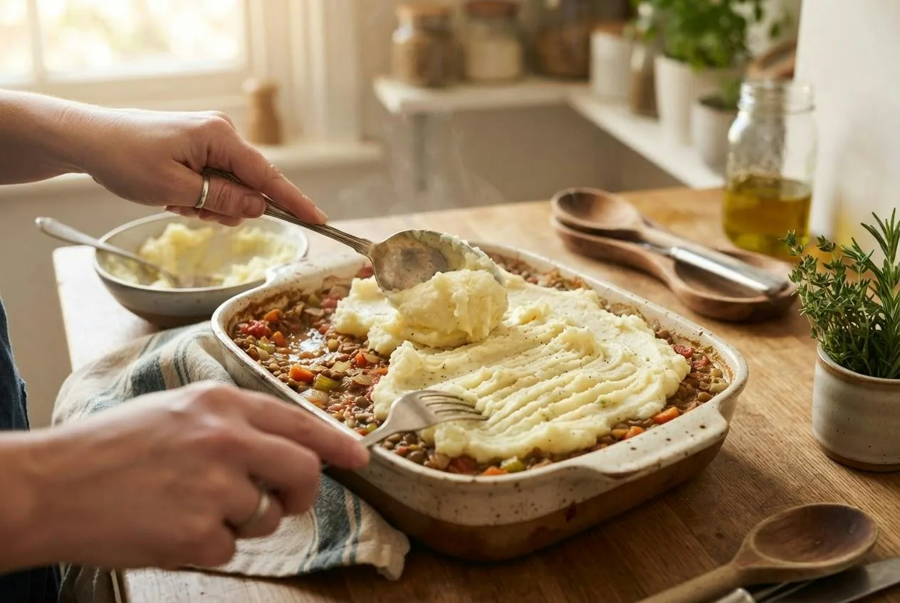 Aardappelpuree wordt over de linzenvulling verdeeld en met een vork van ribbels voorzien