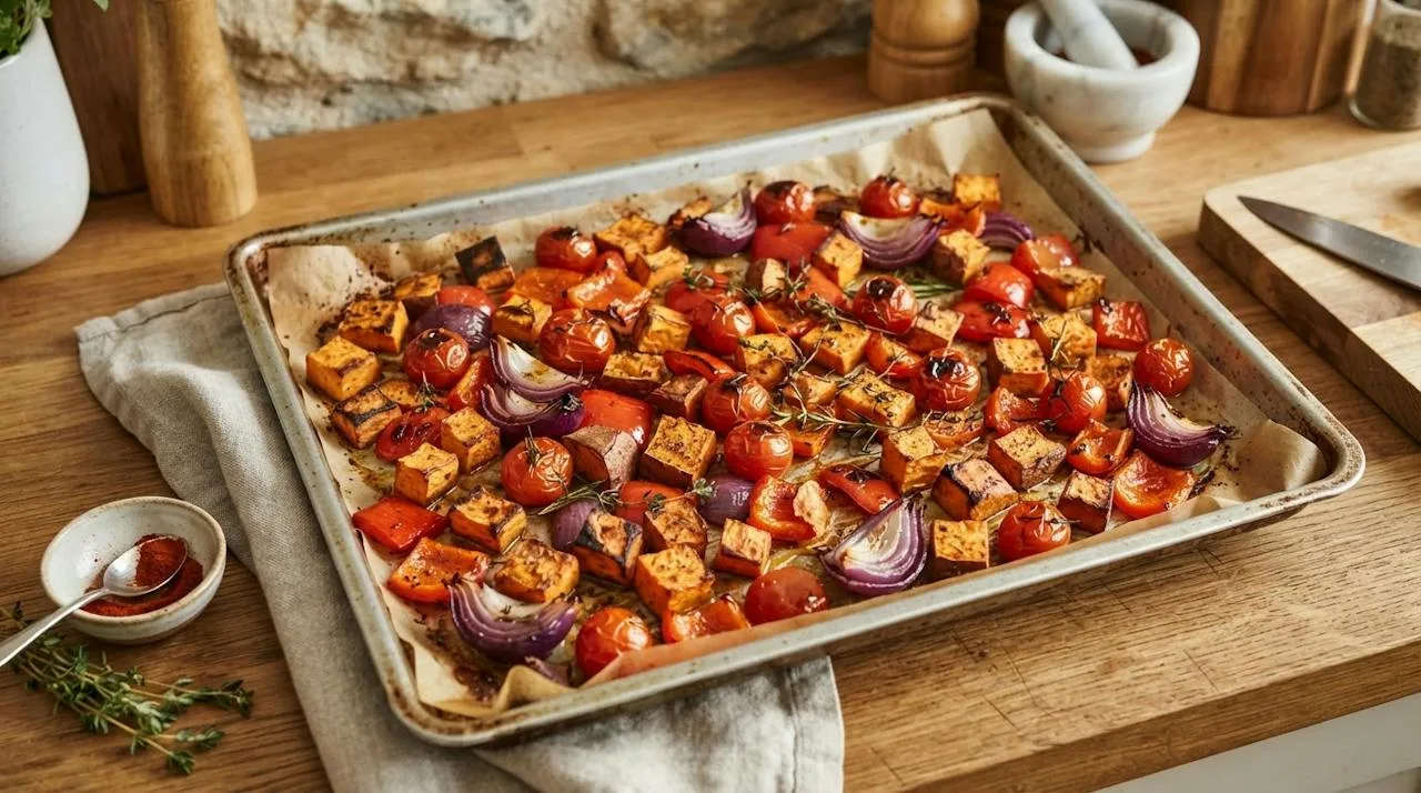 Grote bakplaat met bakpapier en geroosterde zoete aardappel, rode paprika, rode ui en cherrytomaatjes in één laag met gebruinde randjes