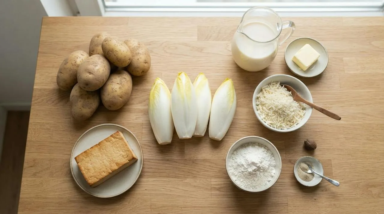 Ingrediënten voor vegan witlofovenschotel op licht eikenhout: kroppen witlof, kruimige aardappelen, gerookte tofu, geraspte vegan kaas, sojamelk, vegan boter, bloem en nootmuskaat