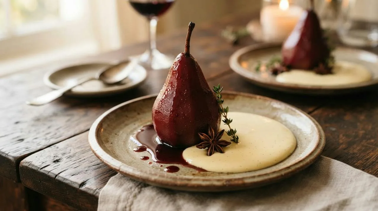 Dessertbord met een hele, dieprode stoofpeer met steeltje, rodewijnsiroop en een plas vanillevla, met een steranijs als garnering en een tweede bord op de achtergrond