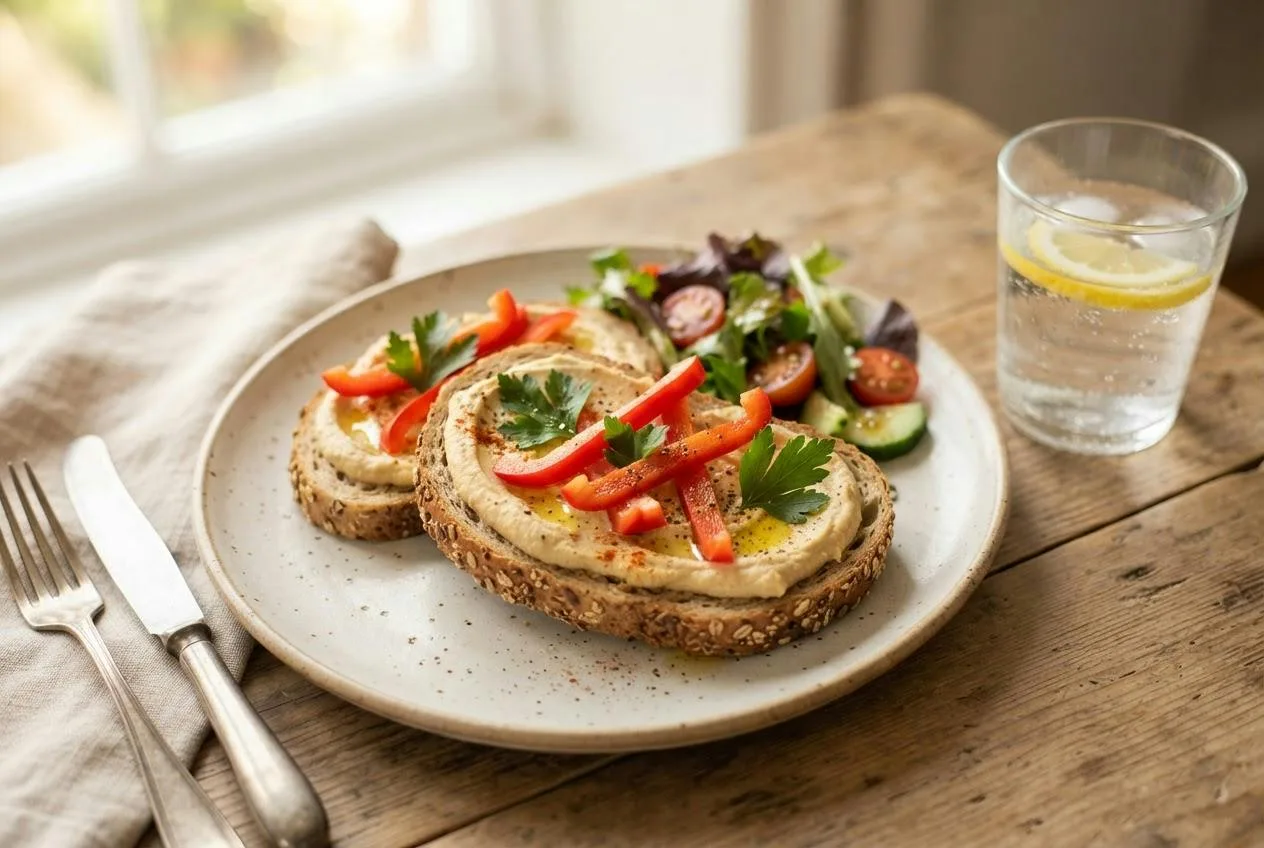 Lunchbord met volkorenbrood, hummus en reepjes rode paprika naast een glas water