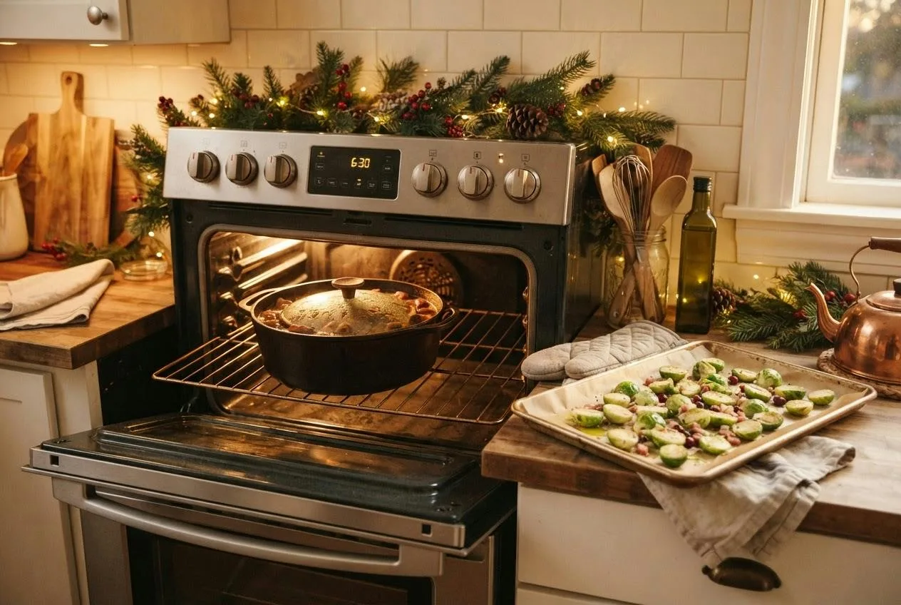 Oven met een gietijzeren braadpan erin en een bakplaat met spruitjes die klaarstaat op het aanrecht