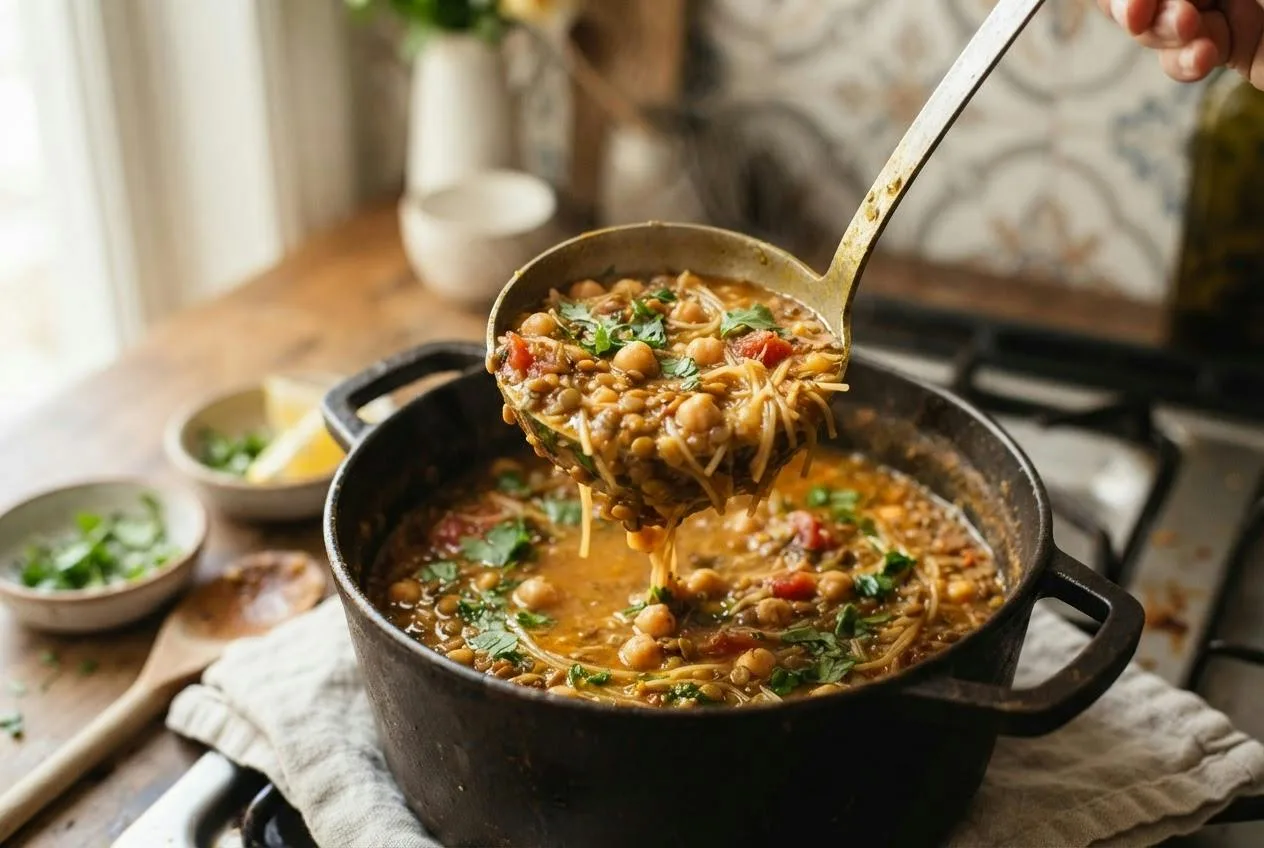 Soeplepel met zijdeachtige harira met linzen, kikkererwten en vermicelli