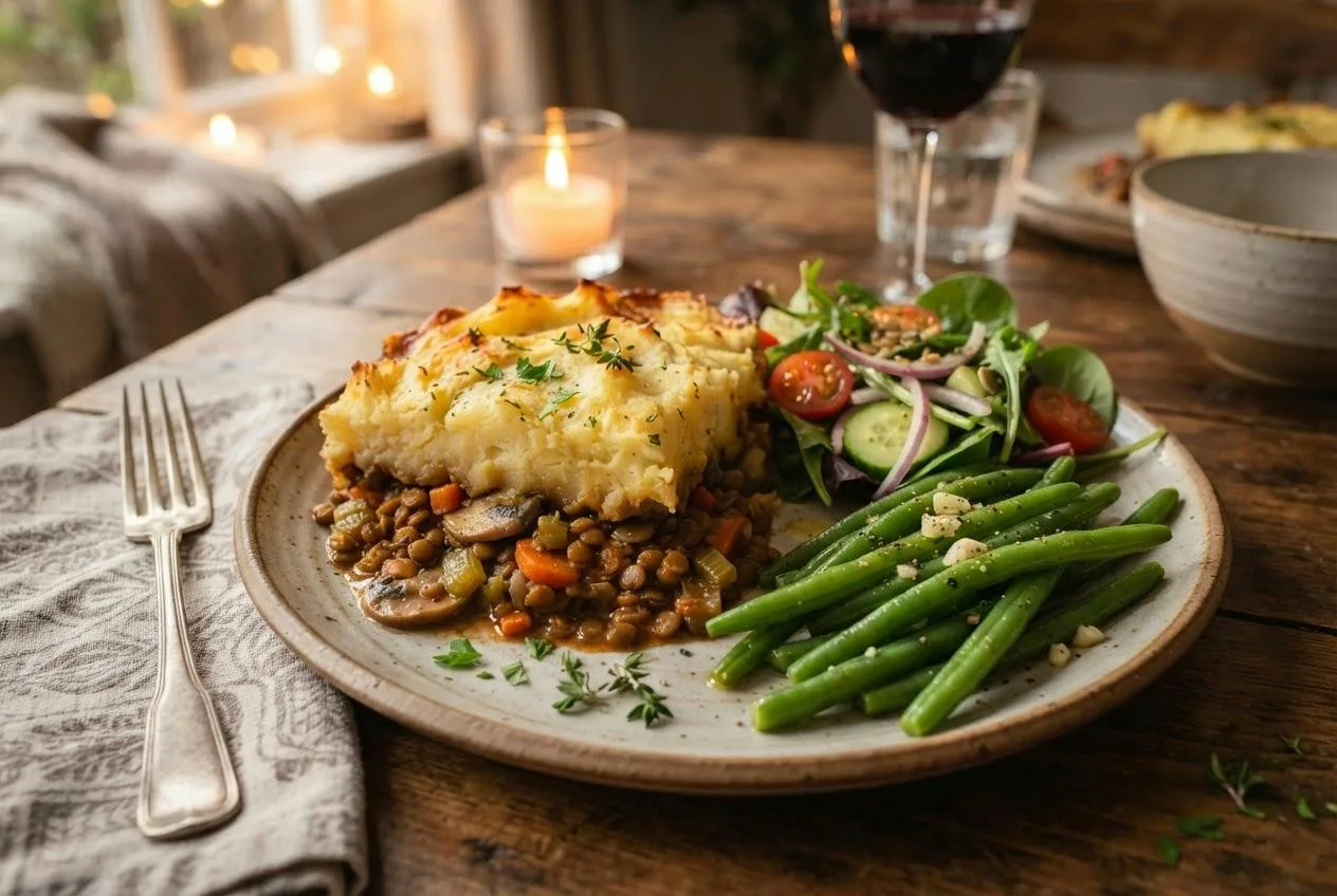 Bord vegan linzen-cottage pie met sperziebonen en een groene salade