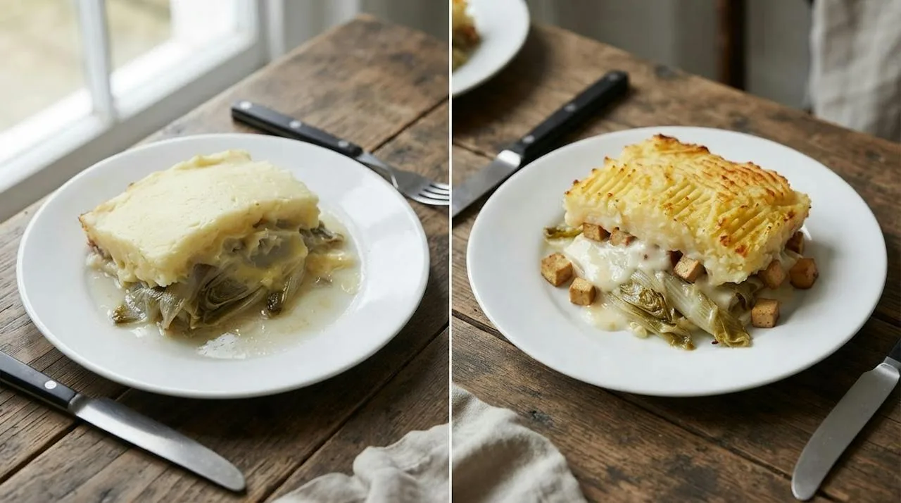 Twee porties witlofovenschotel naast elkaar: links met een plas dun vocht onderin en een bleke bovenkant, rechts zonder vocht, met dikke romige saus en een goudbruine bovenkant