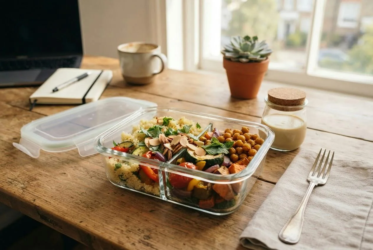 Glazen lunchbox met couscous, geroosterde groenten, kikkererwten en kruiden, met een apart bakje dressing