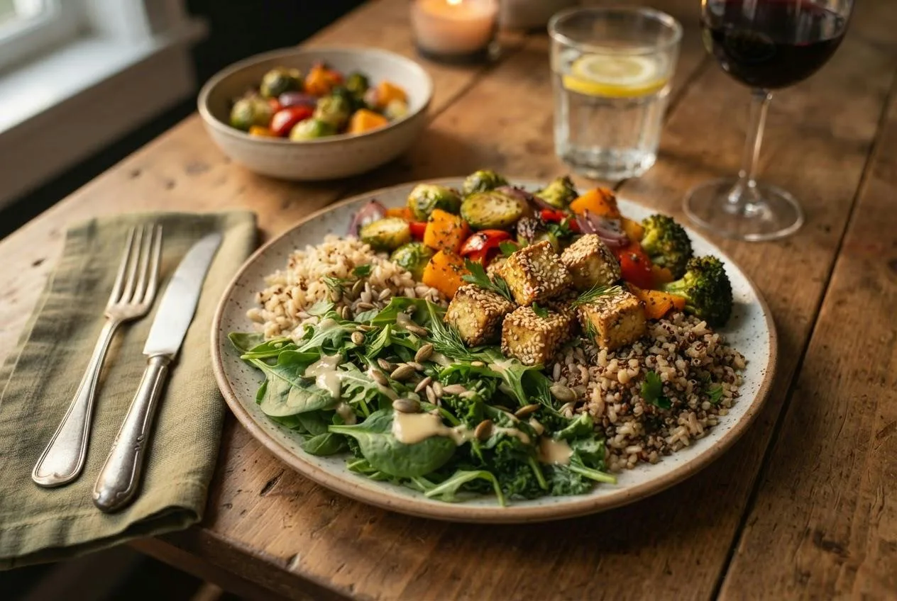 Kleurrijk vegan bord met tofu, zilvervliesrijst, geroosterde groenten en bladgroenten