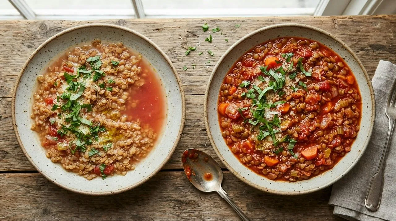 Twee kommen linzenbolognese naast elkaar: links een waterige saus met dun rood vocht aan de randen en uit elkaar gevallen linzen, rechts een dikke, glanzende saus met hele bruine linzen