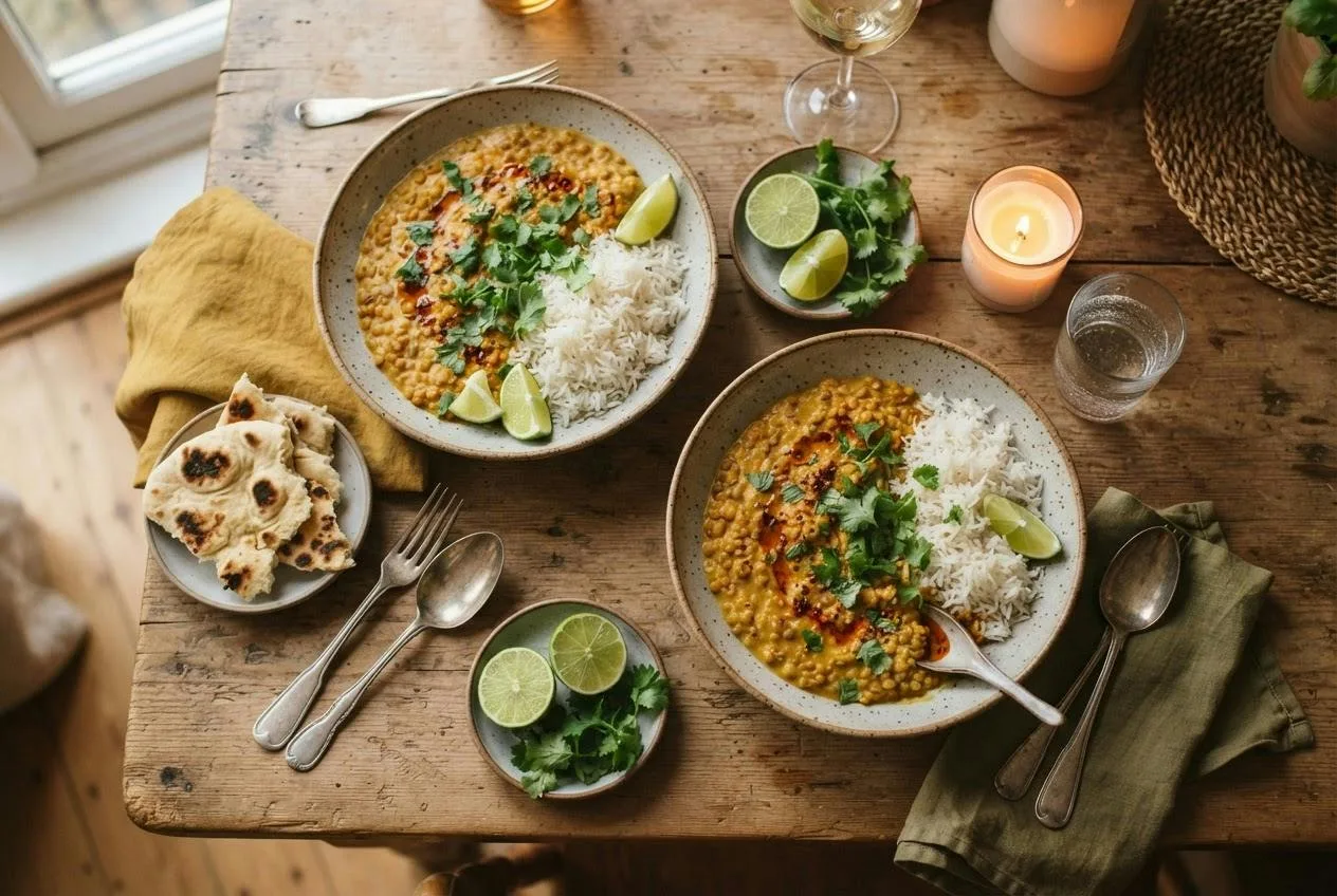 Twee borden rode-linzendahl met basmatirijst, naan, koriander en limoen