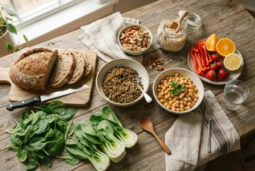 Overzicht van ijzerrijke plantaardige voeding met peulvruchten, volkorenbrood, bladgroenten en noten naast paprika, sinaasappel en aardbeien