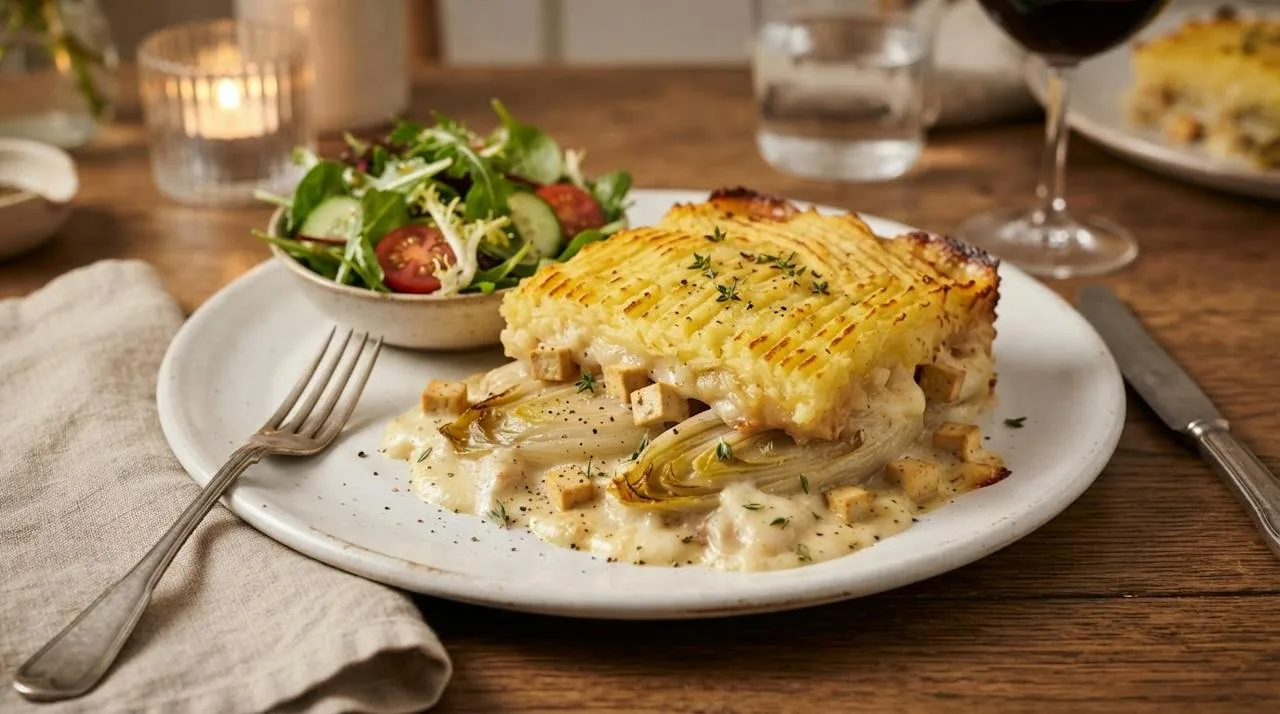 Een portie vegan witlofovenschotel op een wit bord met goudbruine puree, zachte witlof in romige saus en blokjes gerookte tofu, met een groene salade ernaast