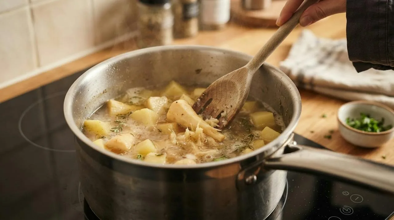 Rvs-pan op een inductieplaat met zacht kokende pastinaak en aardappel in bouillon, een houten lepel drukt een zacht stuk pastinaak uit elkaar