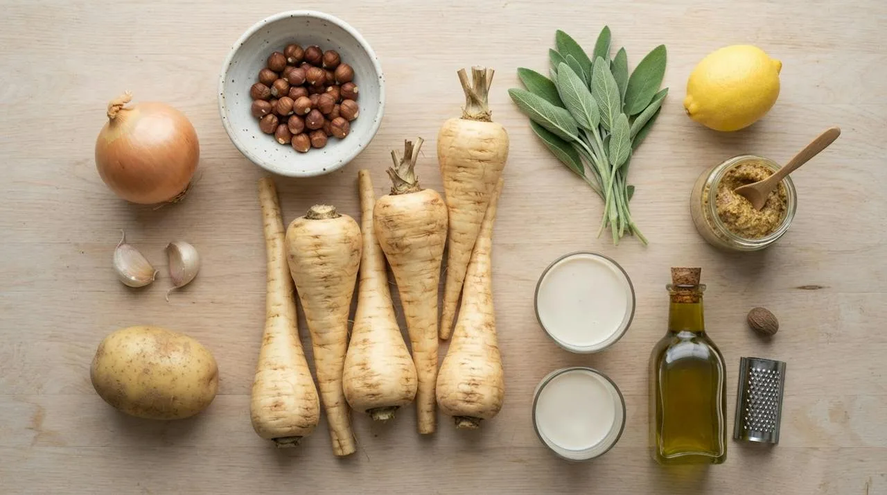 Ingrediënten voor pastinaaksoep op een houten ondergrond: pastinaken, ui, knoflook, aardappel, hazelnoten, verse salie, citroen, mosterd, haverroom, olijfolie en nootmuskaat