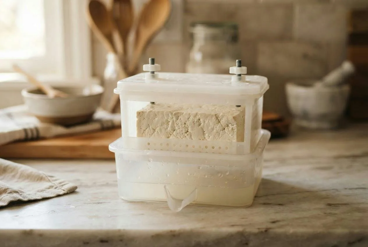 Eenvoudige tofupers met een blok stevige tofu erin en wat vocht in de opvangbak