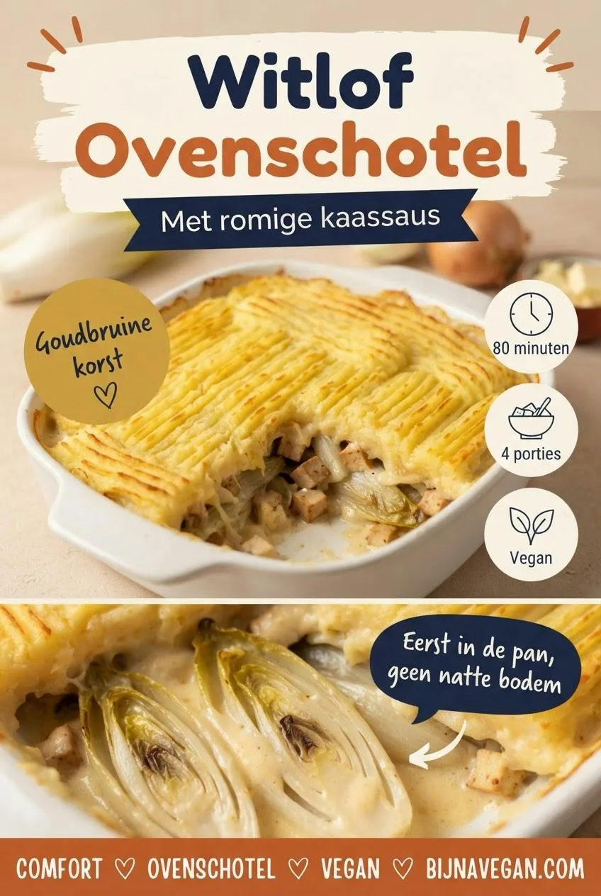 Pinterest-pin voor vegan witlofovenschotel met romige kaassaus, met een ovenschaal met goudbruine korst, badges voor 80 minuten, 4 porties en vegan, en een close-up van witlof in kaassaus