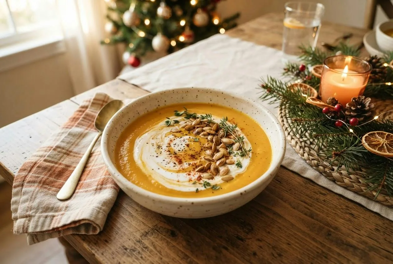 Kom romige pompoensoep met een swirl kokosmelk en geroosterde pompoenpitten