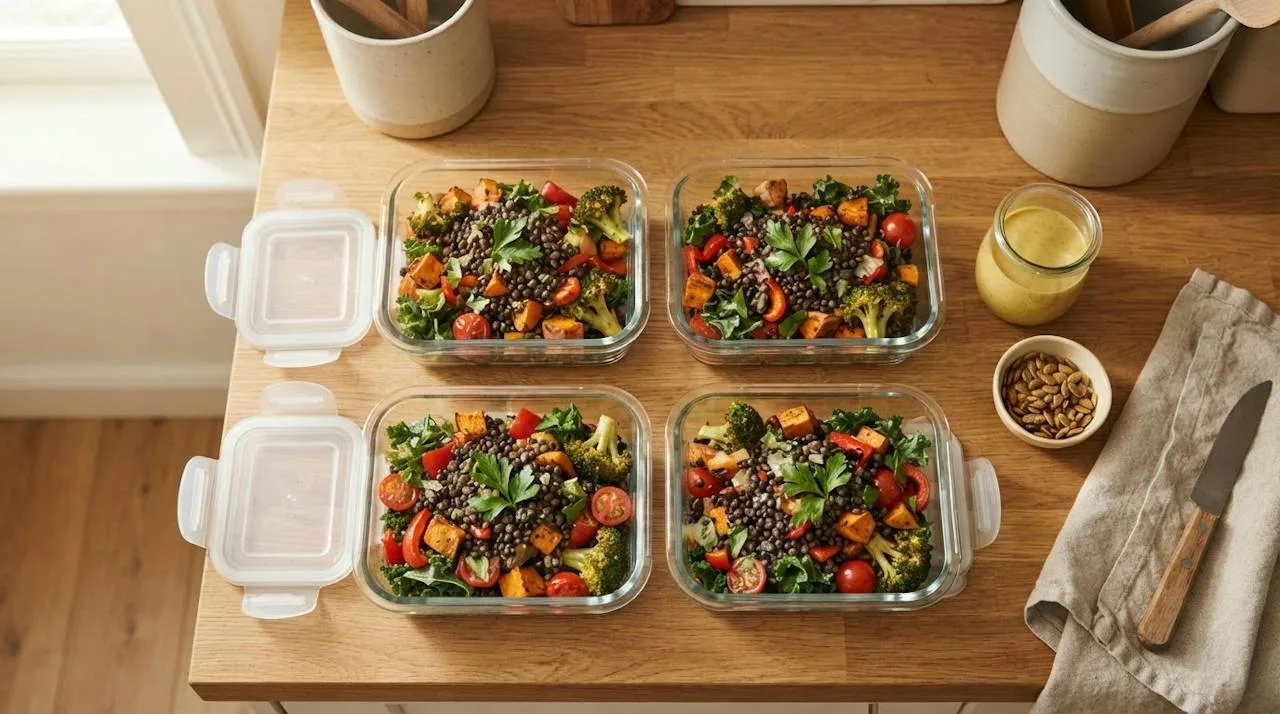 Vier glazen meal-prepbakjes met beluga linzensalade en geroosterde groenten, met een apart potje mosterddressing en een bakje pompoenpitten