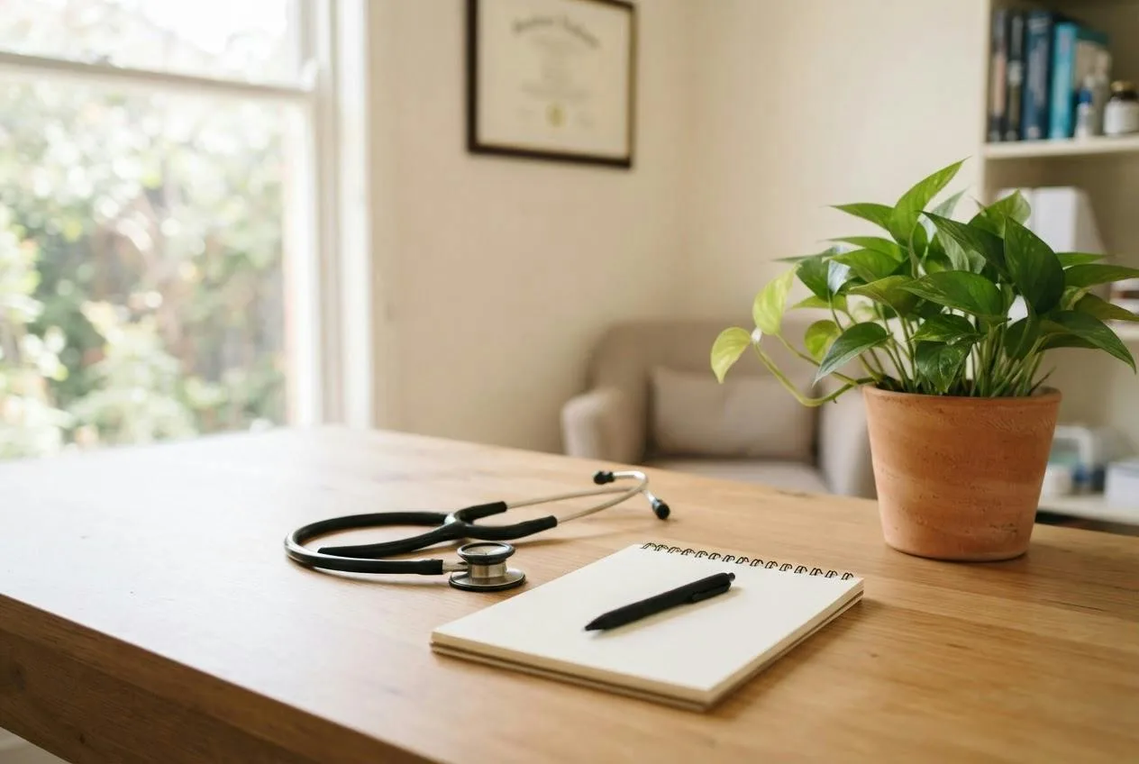 Stethoscoop en notitieblok op een bureau naast een plant