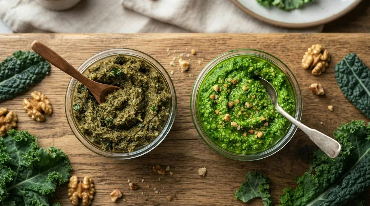 Twee glazen kommetjes boerenkoolpesto naast elkaar: links donker olijfgroen en grof, rechts heldergroen en romig met stukjes geroosterde walnoot