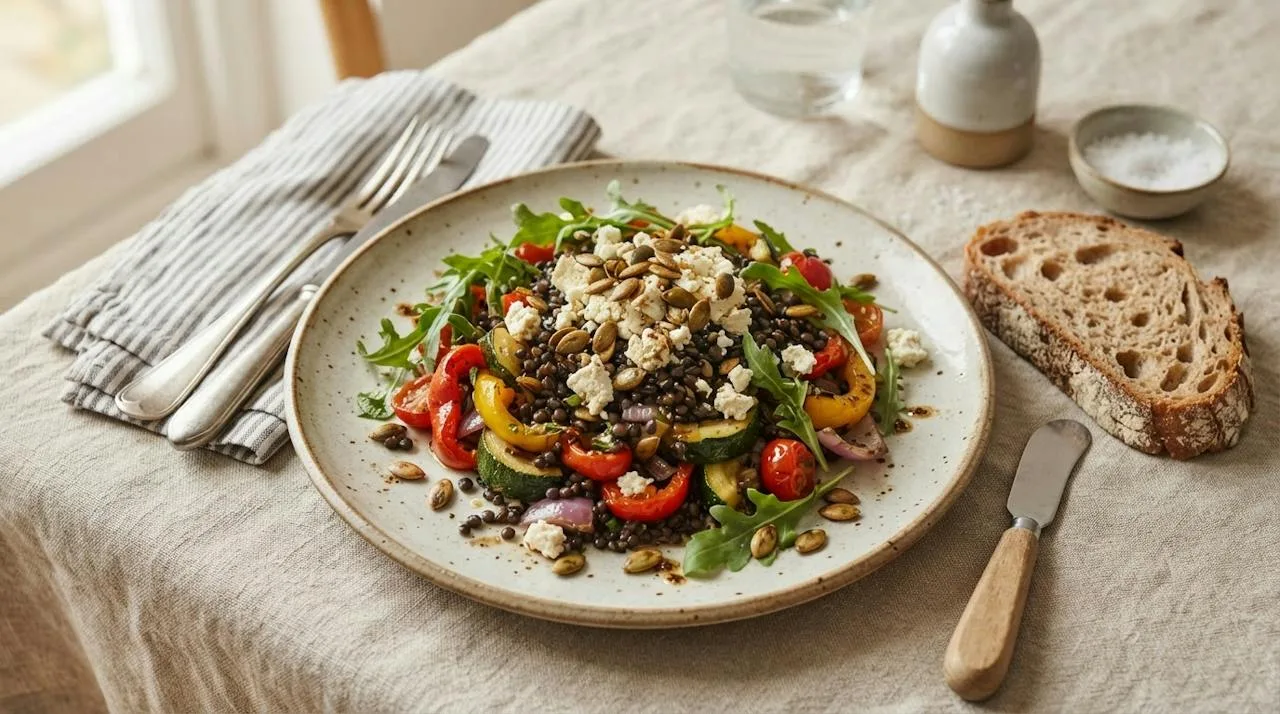 Bord met beluga linzensalade, geroosterde groenten, rucola, verkruimelde tofu-feta en pompoenpitten, met een snee volkorenbrood ernaast