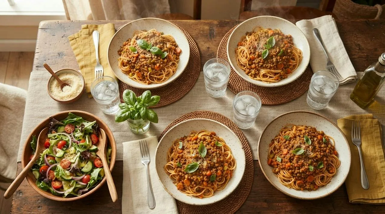 Vier kommen spaghetti met dikke linzenbolognese op een gedekte tafel, met een schaaltje vegan Parmezaanse topping, een groene salade en verse basilicum