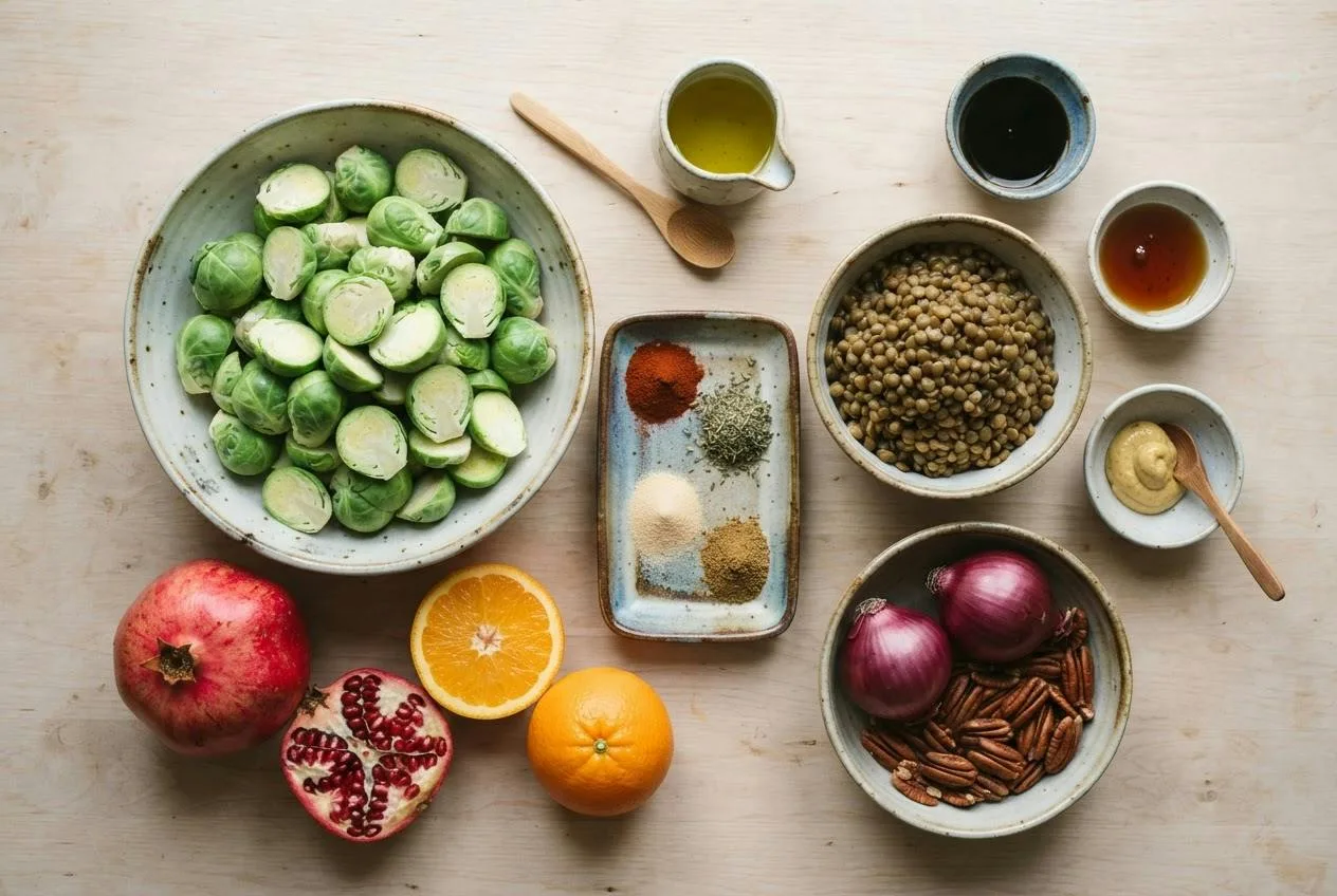 Ingrediënten voor de spruitjes-traybake in schaaltjes: spruitjes, groene linzen, rode ui, pecannoten, specerijen en dressing