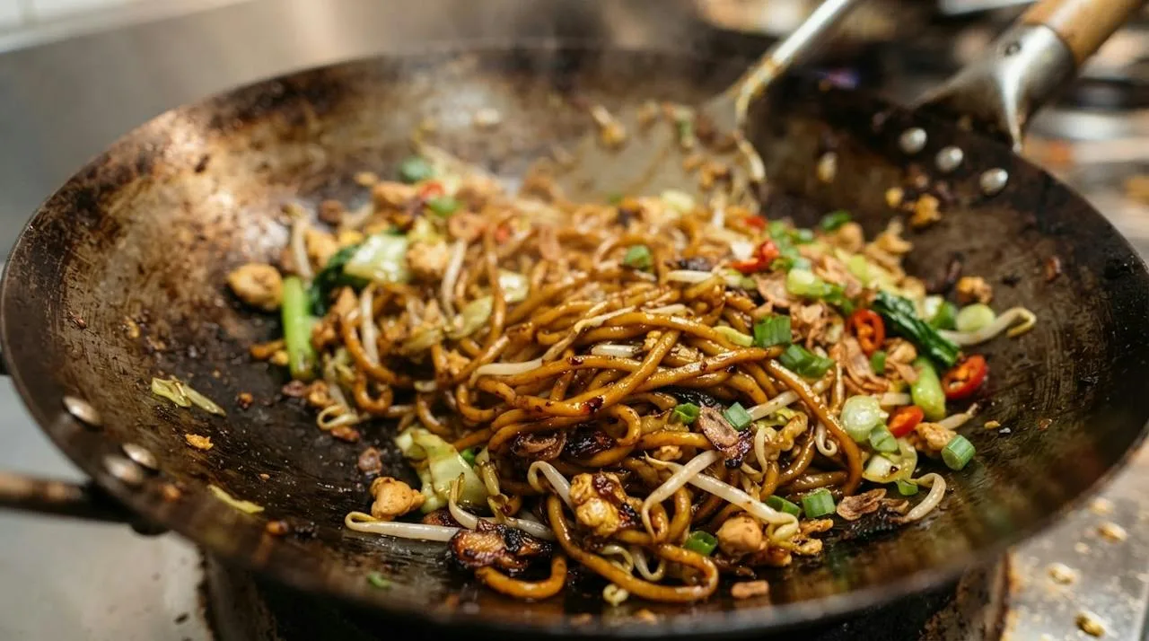 Close-up van glanzende mie in een wok, licht gebruind en bedekt met ketjap, gemengd met groenten en taugé
