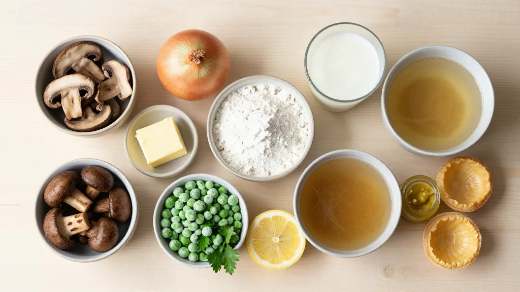 Ingrediënten voor vegan champignonragout in schaaltjes, met kastanjechampignons, bloem, sojadrink, bouillon en doperwten