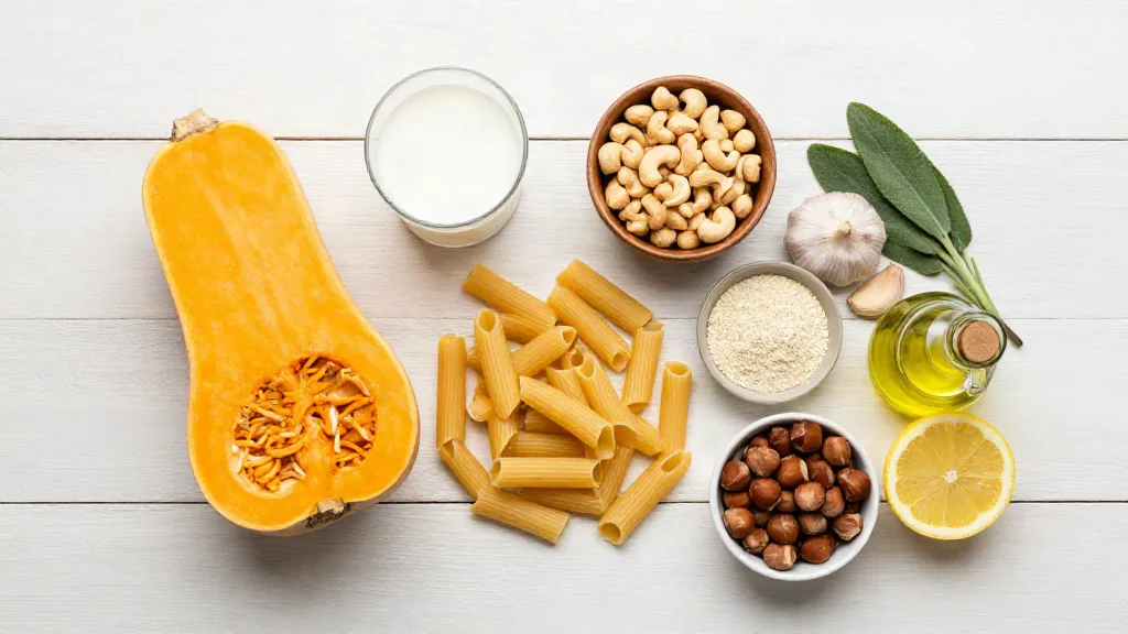 Ingrediënten voor vegan pompoenpasta: flespompoen, rigatoni, havermelk, cashewnoten, edelgist, knoflook, salie, hazelnoten en citroen