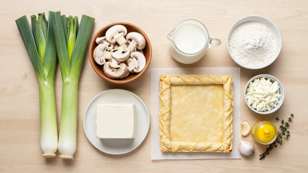 Ingrediënten voor een vegan preitaart op licht hout: prei, champignons, zijden tofu, bladerdeeg, kikkererwtenmeel, sojamelk, vegan kaas, knoflook, mosterd en tijm