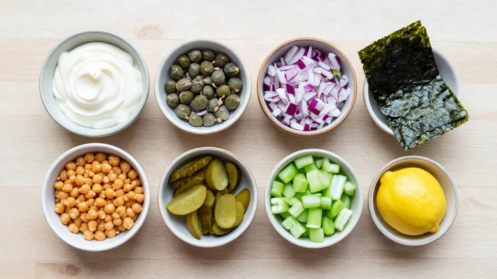 Ingrediënten voor vegan tonijnsalade in schaaltjes: kikkererwten, mayonaise, kappertjes, augurk, rode ui, bleekselderij, citroen en nori