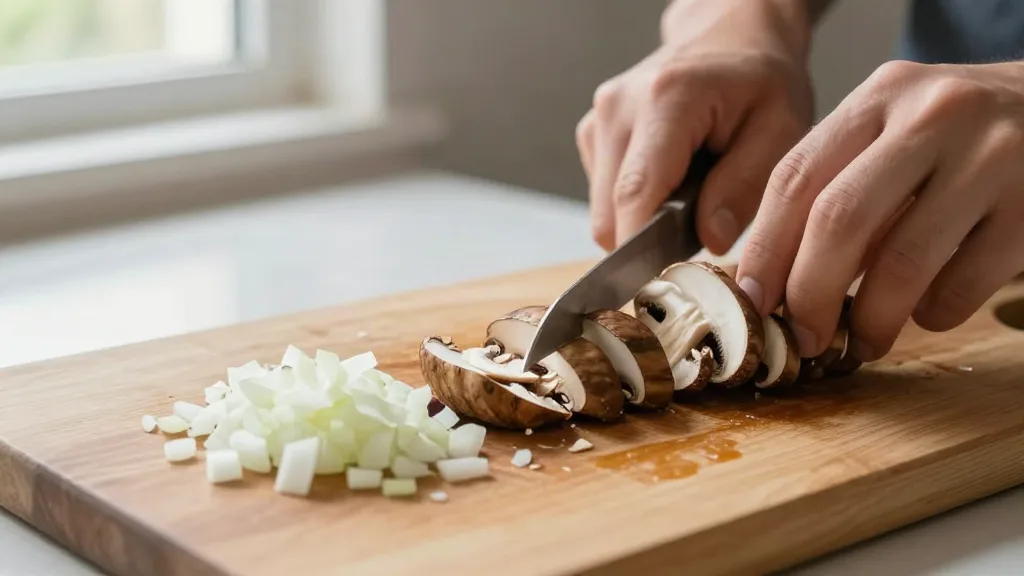 Kastanjechampignons in plakjes snijden naast fijngesnipperde ui op een houten snijplank