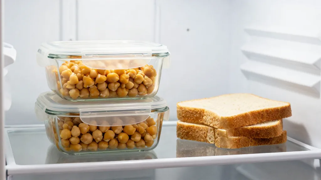 Kikkererwten in afgesloten glazen bakjes in de koelkast, met het brood er apart naast