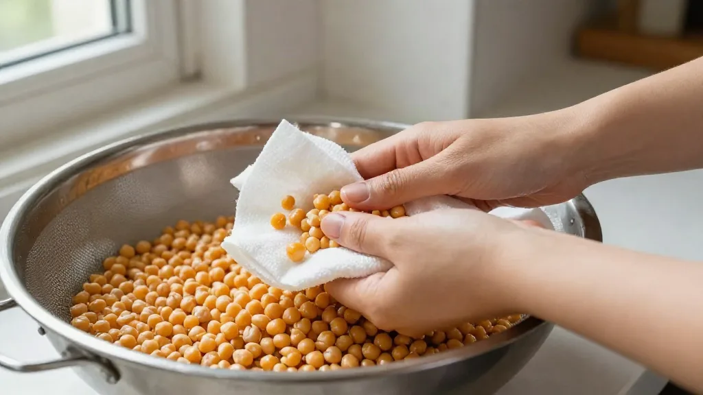Kikkererwten uit blik worden in een zeef drooggedept met keukenpapier