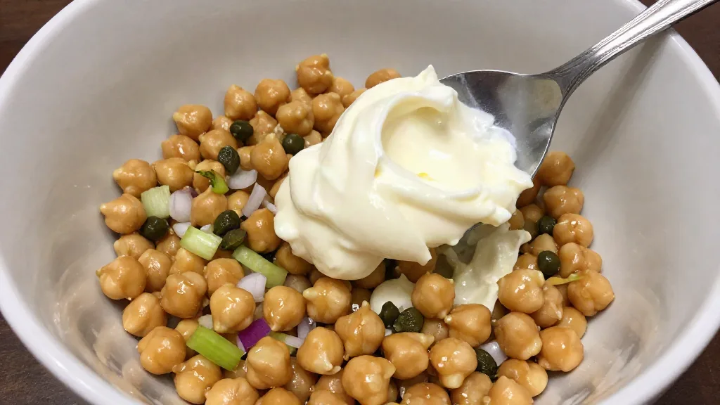 Vegan mayonaise wordt met een lepel door kikkererwten met kappertjes, rode ui en bleekselderij geschept