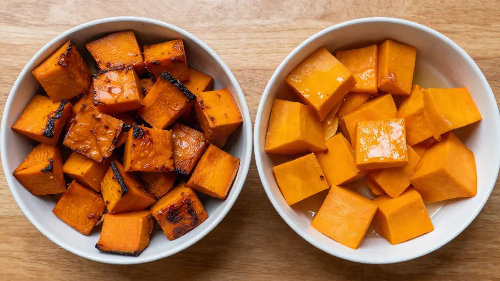Geroosterde pompoenblokjes met bruine randjes naast bleke, natte gekookte pompoenblokjes