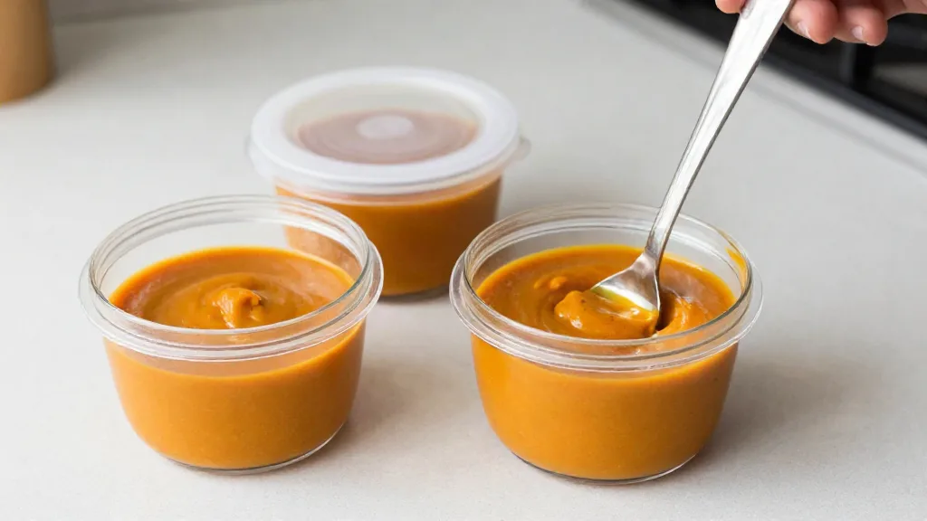 Pompoensaus verdeeld over afgesloten bakjes om te bewaren