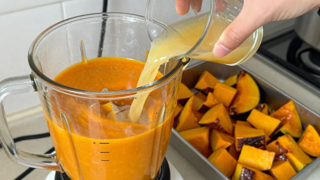 Pastawater wordt in een blender met gladde oranje pompoensaus geschonken, naast een bakplaat met geroosterde pompoen