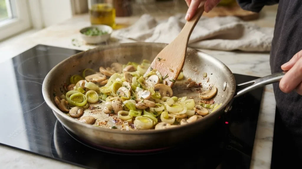 Preiringen en plakjes champignon in een brede koekenpan op een inductieplaat, glanzend en licht goudbruin, met een bijna droge panbodem