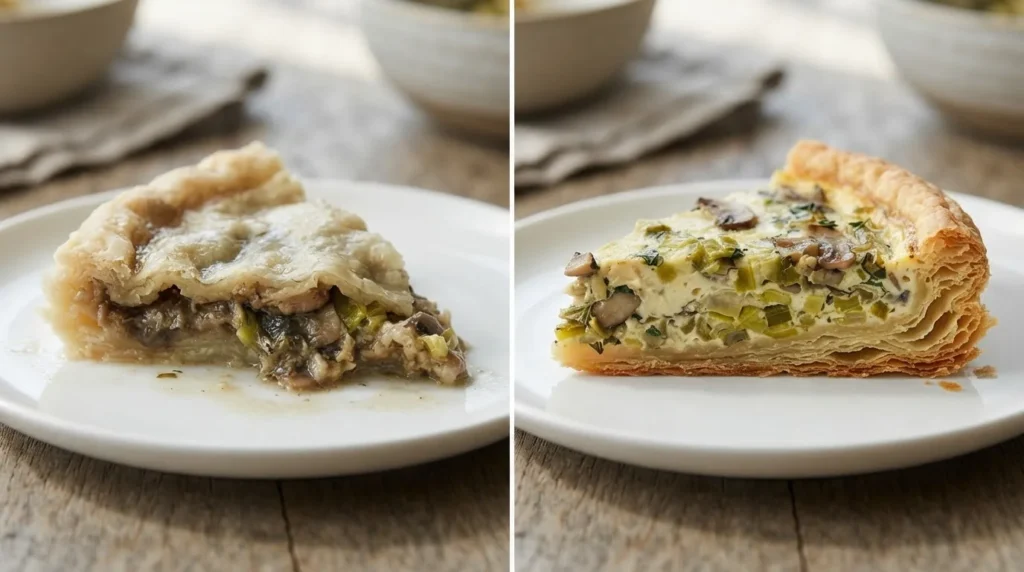 Twee punten preitaart naast elkaar: links met een bleke, zachte bodem en een inzakkende vulling, rechts met een goudbruine, krokante bladerdeegbodem en een stevige vulling