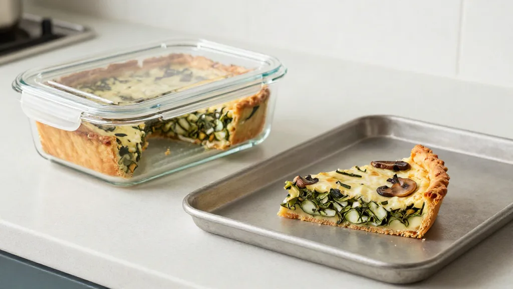 Punten vegan preitaart in een glazen bak met deksel, naast een punt op een metalen bakplaat klaar om op te warmen