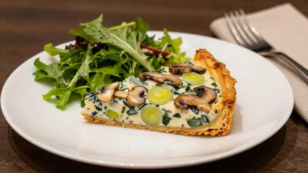 Een punt vegan preitaart op een wit bord met een groene salade, met een goudbruine bladerdeegbodem en een romige vulling met prei, champignons en groene kruiden